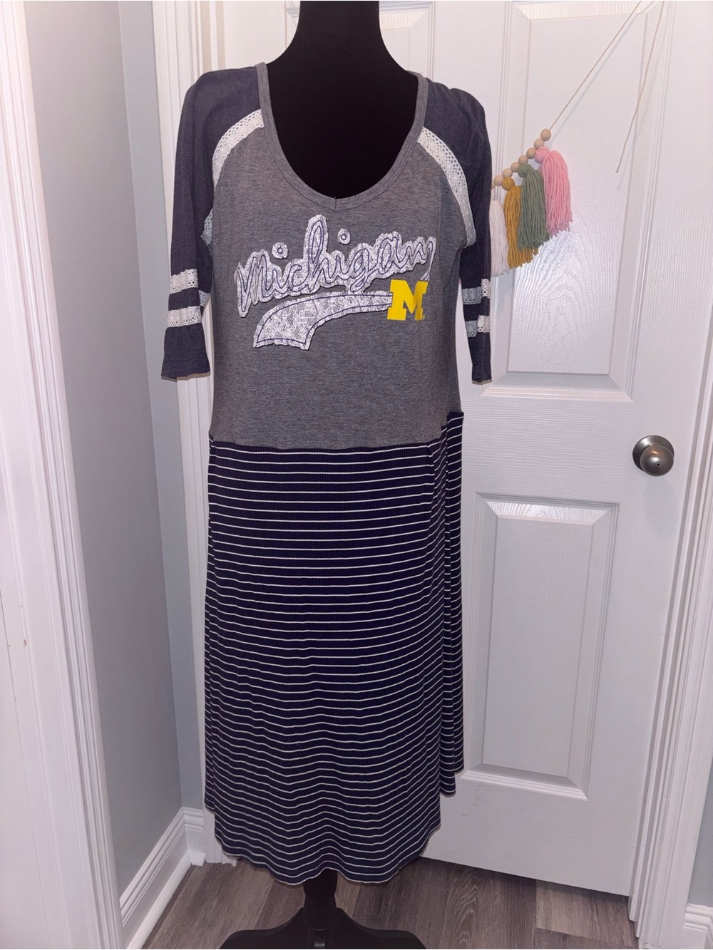 Upcycled Michigan Wolverines Lace Detail Striped Maxi Dress juniors size XL